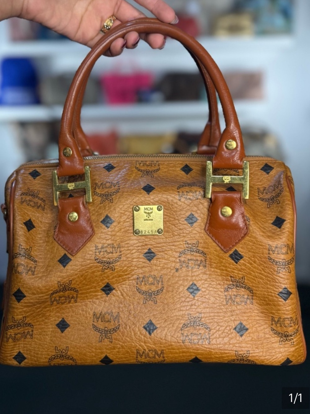 Authentic MCM Cognac Logo Boston bag Heritage Visetos Satchel made in Germany - Picture 2 of 8